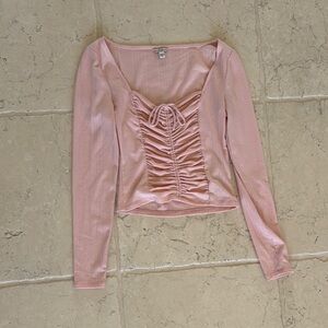 Guess Pink Ruched Long Sleeve Crop Blouse